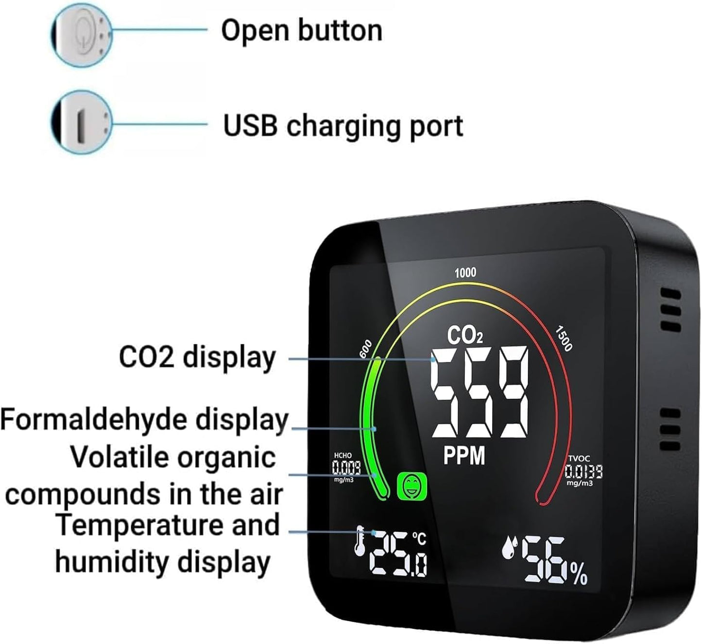 Detecteur de Fumée Connecté Moniteur Qualité Détecteur CO2 5 en 1, Sicomne Détecteur de CO2 Alarme Incendie Co2 Detecteur Gaz Alarme Connectée Moniteur de Dioxyde de Carbone CO2 Monitor Sicomne1 Gray